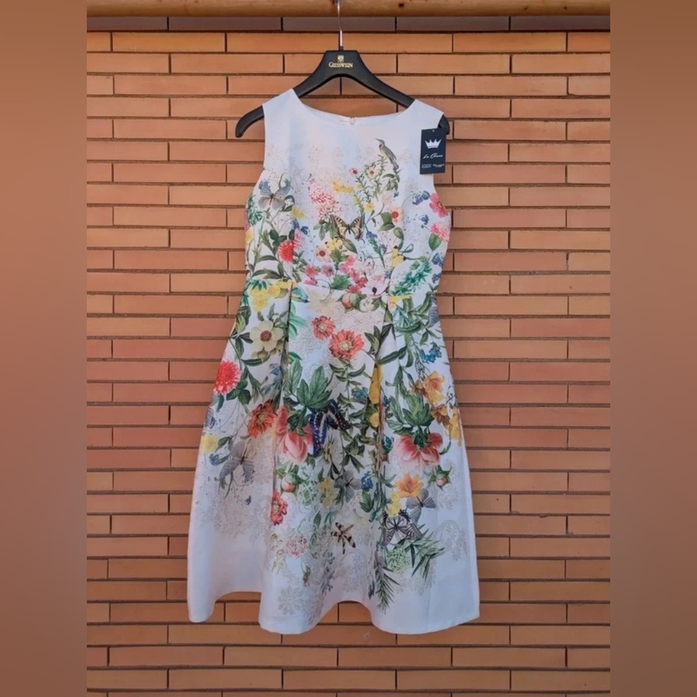 Floral Sleeveless A-Line Dress in White with Multicolor Print